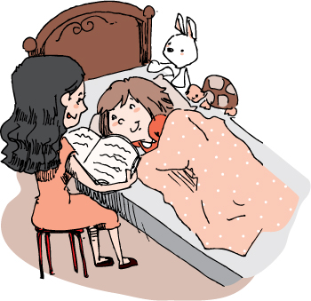 ภาพแม่อ่านหนังสือให้ลูกฟังบนเตียงนอน