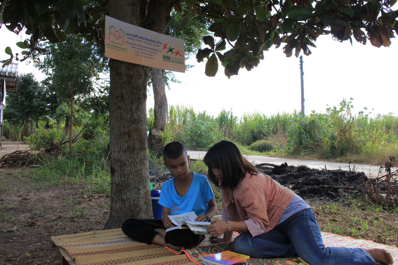 น้องเอฟอ่านหนังสือที่มุมประจำ ใต้ต้นไม้หน้าบ้าน