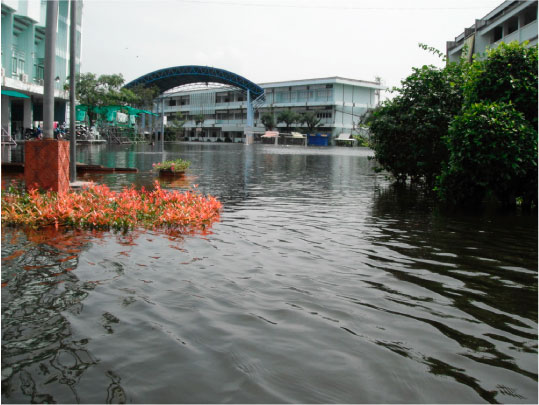 บริเวณภายในโรงเรียนก็ถูกน้ำท่วมเป็นวงกว้างเช่นกัน